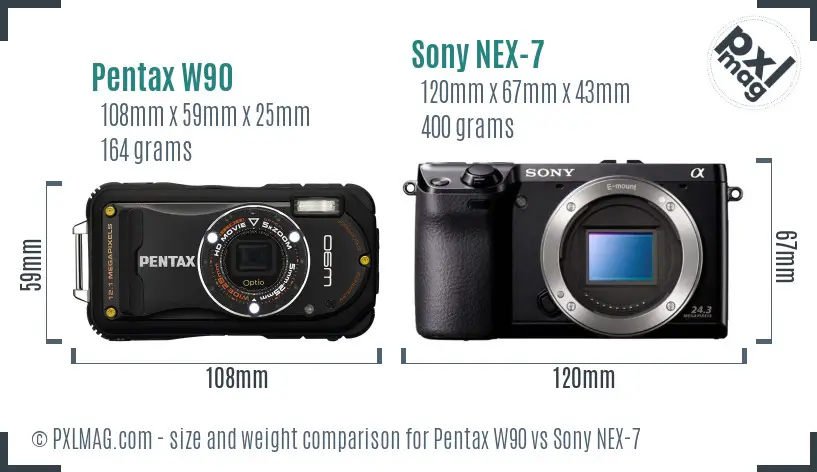 Pentax W90 vs Sony NEX-7 size comparison