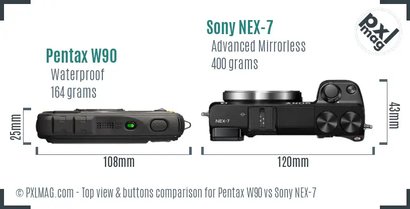 Pentax W90 vs Sony NEX-7 top view buttons comparison