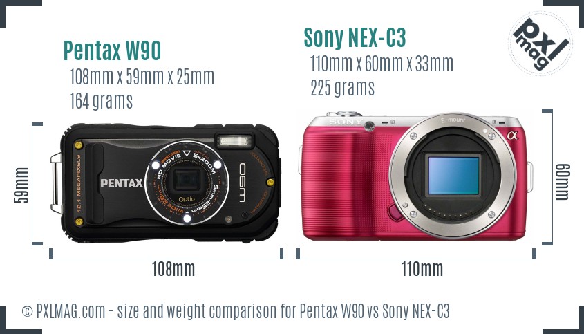 Pentax W90 vs Sony NEX-C3 size comparison