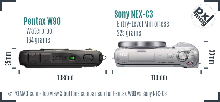 Pentax W90 vs Sony NEX-C3 top view buttons comparison