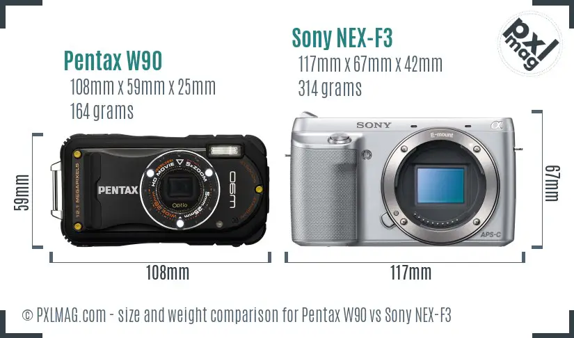 Pentax W90 vs Sony NEX-F3 size comparison