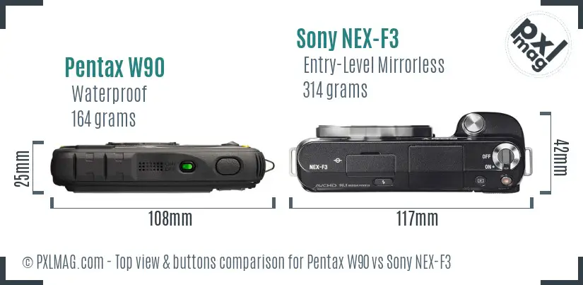 Pentax W90 vs Sony NEX-F3 top view buttons comparison