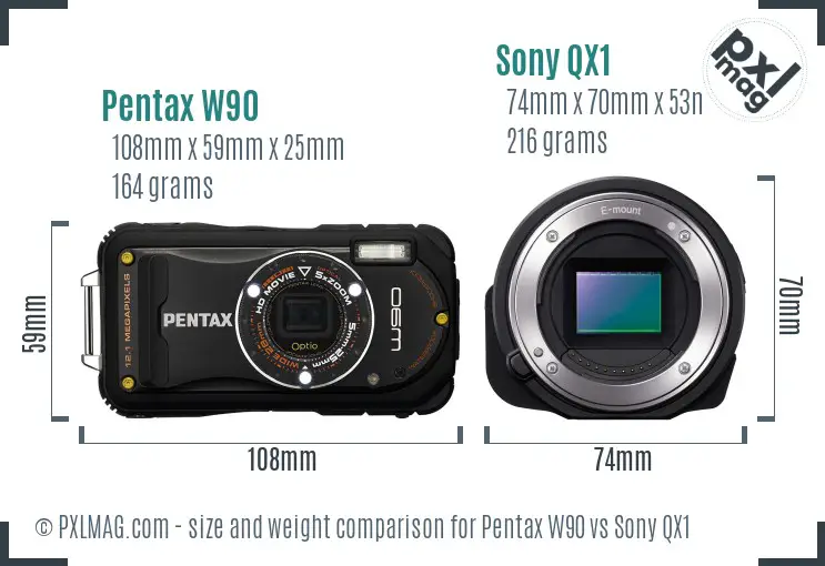 Pentax W90 vs Sony QX1 size comparison Pentax W90 vs Sony QX1 size comparison