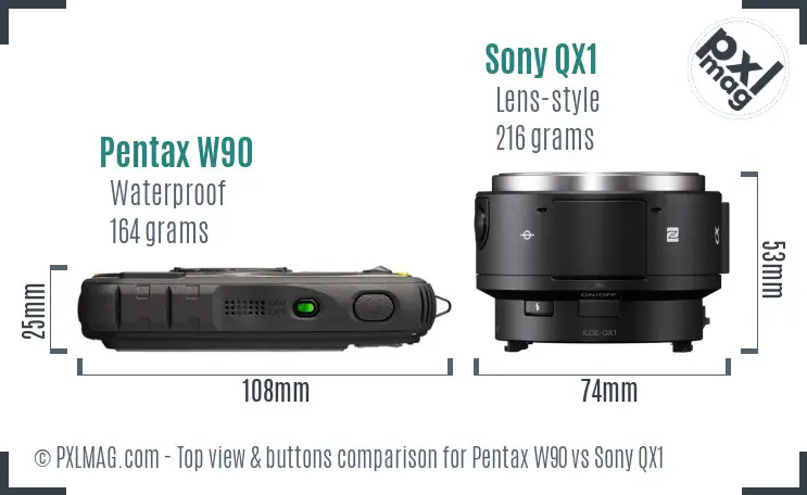 Pentax W90 vs Sony QX1 top view buttons comparison
