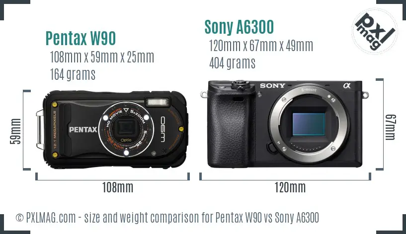 Pentax W90 vs Sony A6300 size comparison