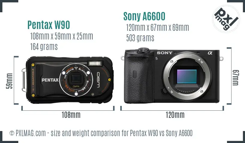 Pentax W90 vs Sony A6600 size comparison Pentax W90 vs Sony A6600 size comparison