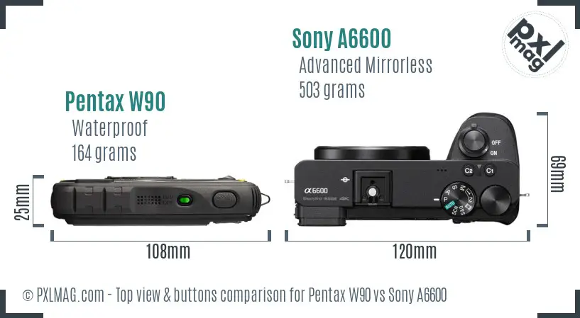 Pentax W90 vs Sony A6600 top view buttons comparison Pentax W90 vs Sony A6600 top view buttons comparison