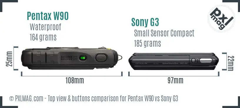 Pentax W90 vs Sony G3 top view buttons comparison Pentax W90 vs Sony G3 top view buttons comparison