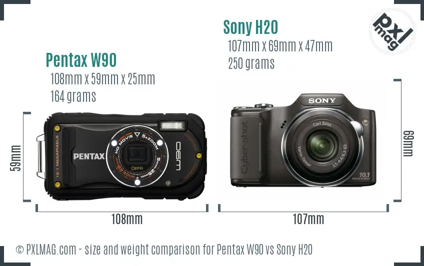 Pentax W90 vs Sony H20 size comparison