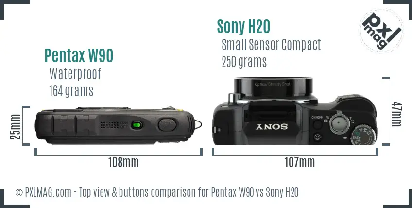 Pentax W90 vs Sony H20 top view buttons comparison