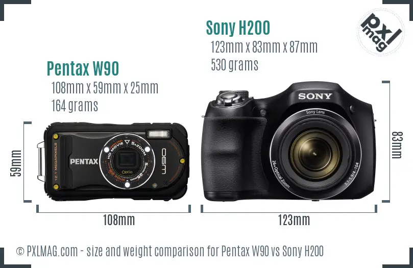 Pentax W90 vs Sony H200 size comparison
