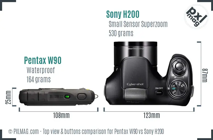 Pentax W90 vs Sony H200 top view buttons comparison