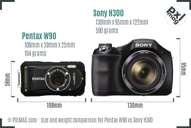 Pentax W90 vs Sony H300 size comparison