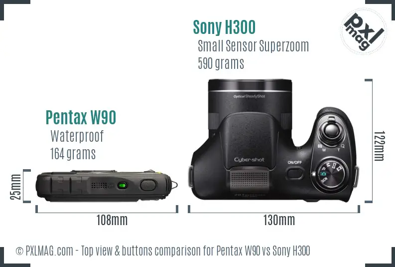 Pentax W90 vs Sony H300 top view buttons comparison
