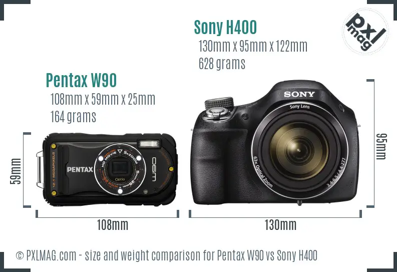 Pentax W90 vs Sony H400 size comparison