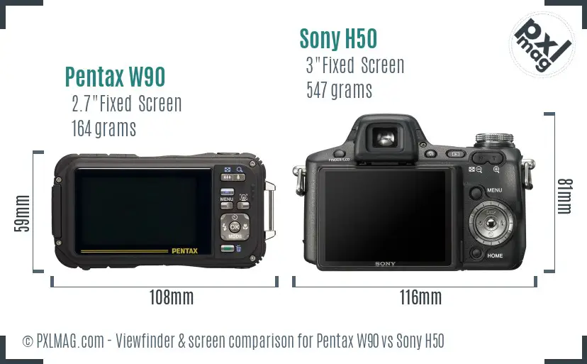 Pentax W90 vs Sony H50 Screen and Viewfinder comparison