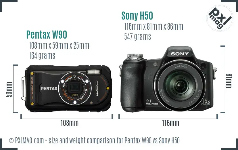 Pentax W90 vs Sony H50 size comparison