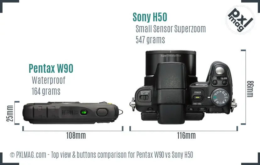 Pentax W90 vs Sony H50 top view buttons comparison