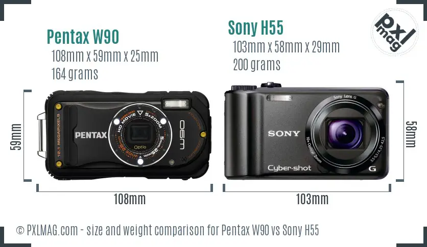 Pentax W90 vs Sony H55 size comparison