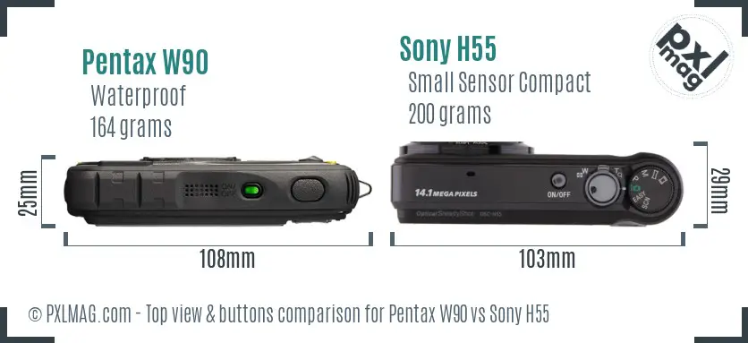 Pentax W90 vs Sony H55 top view buttons comparison