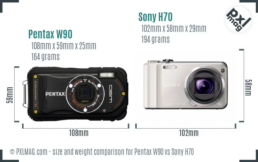 Pentax W90 vs Sony H70 size comparison