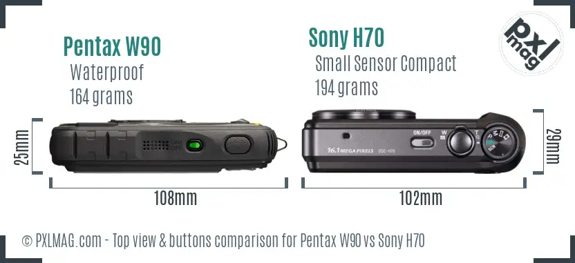 Pentax W90 vs Sony H70 top view buttons comparison