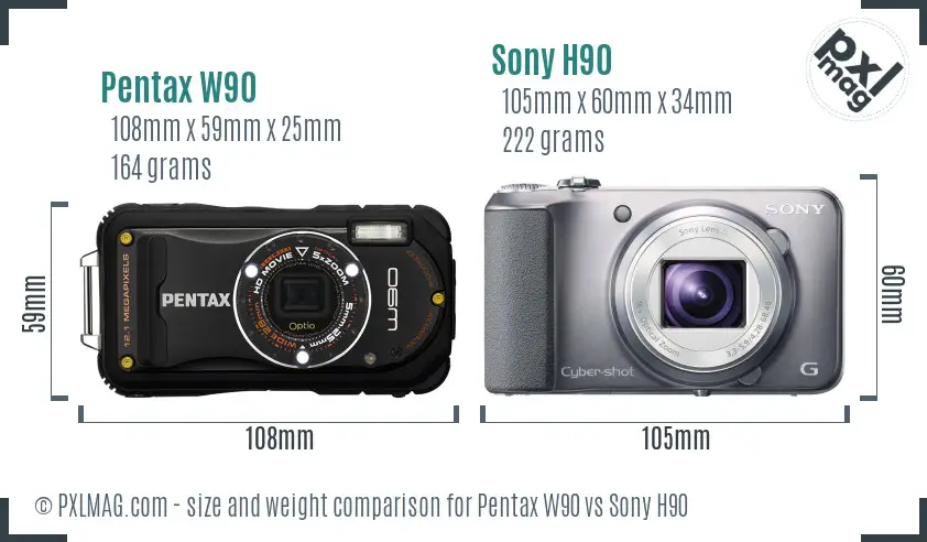 Pentax W90 vs Sony H90 size comparison