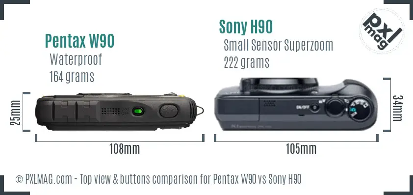 Pentax W90 vs Sony H90 top view buttons comparison