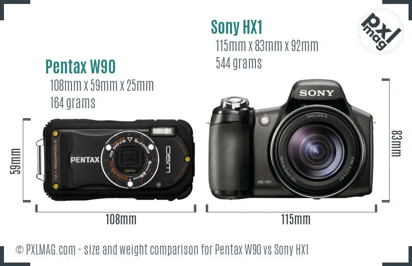 Pentax W90 vs Sony HX1 size comparison