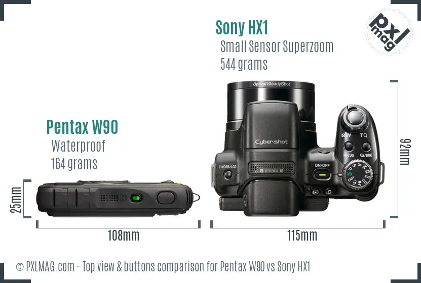 Pentax W90 vs Sony HX1 top view buttons comparison