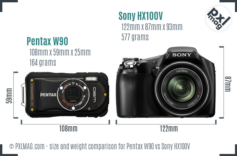 Pentax W90 vs Sony HX100V size comparison