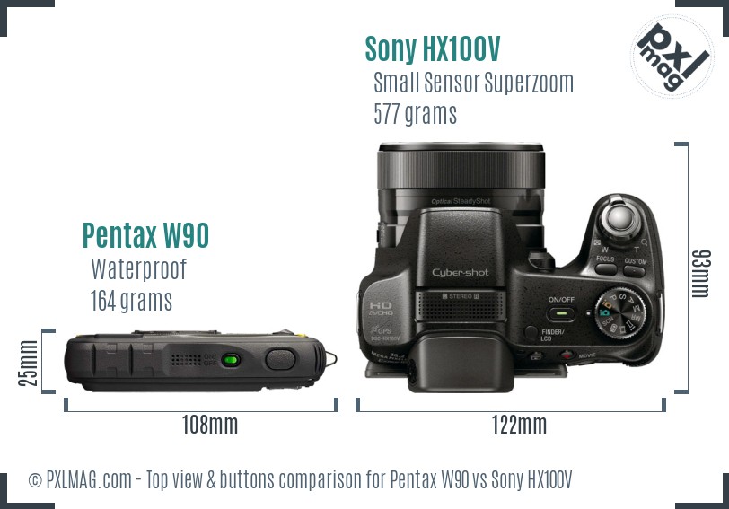 Pentax W90 vs Sony HX100V top view buttons comparison