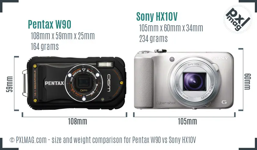 Pentax W90 vs Sony HX10V size comparison