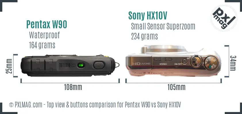 Pentax W90 vs Sony HX10V top view buttons comparison