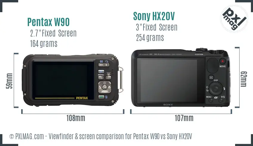 Pentax W90 vs Sony HX20V Screen and Viewfinder comparison