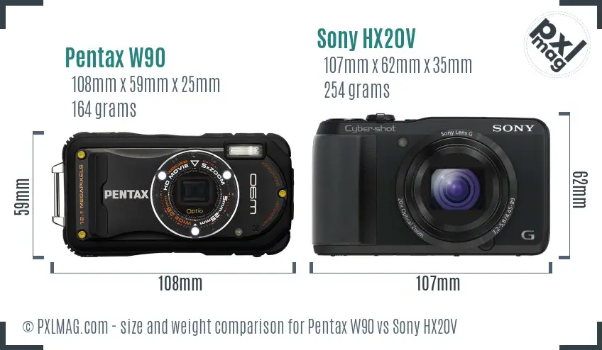 Pentax W90 vs Sony HX20V size comparison