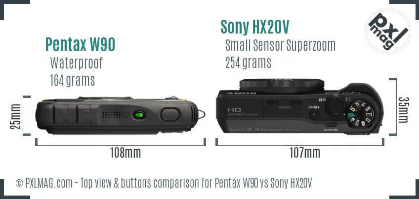 Pentax W90 vs Sony HX20V top view buttons comparison