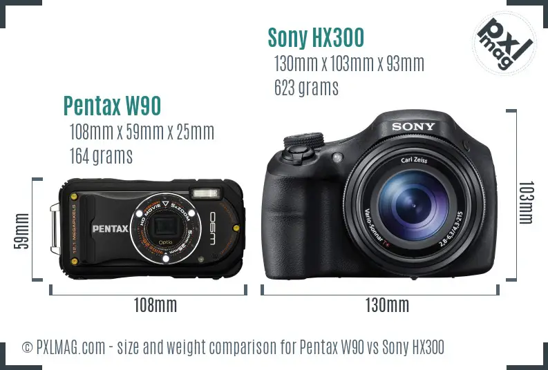 Pentax W90 vs Sony HX300 size comparison