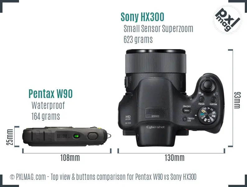 Pentax W90 vs Sony HX300 top view buttons comparison