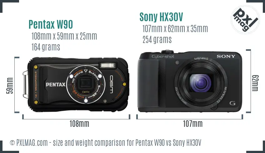 Pentax W90 vs Sony HX30V size comparison Pentax W90 vs Sony HX30V size comparison