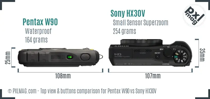 Pentax W90 vs Sony HX30V top view buttons comparison Pentax W90 vs Sony HX30V top view buttons comparison