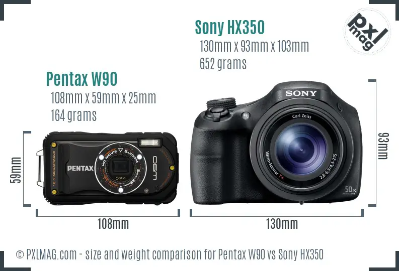 Pentax W90 vs Sony HX350 size comparison