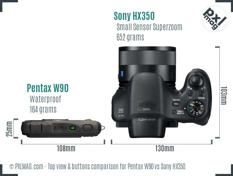 Pentax W90 vs Sony HX350 top view buttons comparison