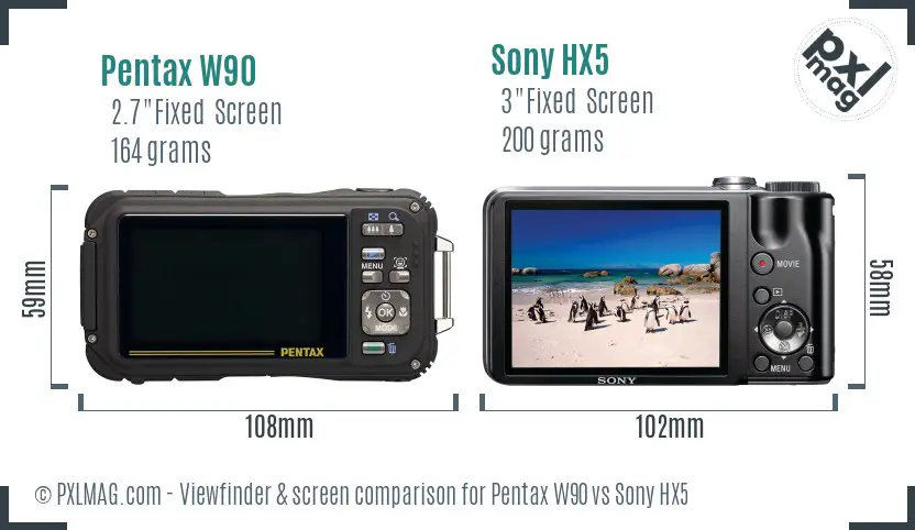 Pentax W90 vs Sony HX5 Screen and Viewfinder comparison