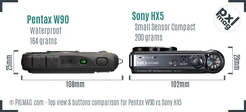 Pentax W90 vs Sony HX5 top view buttons comparison
