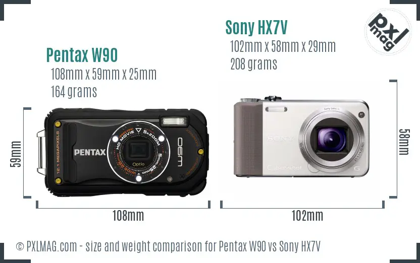 Pentax W90 vs Sony HX7V size comparison