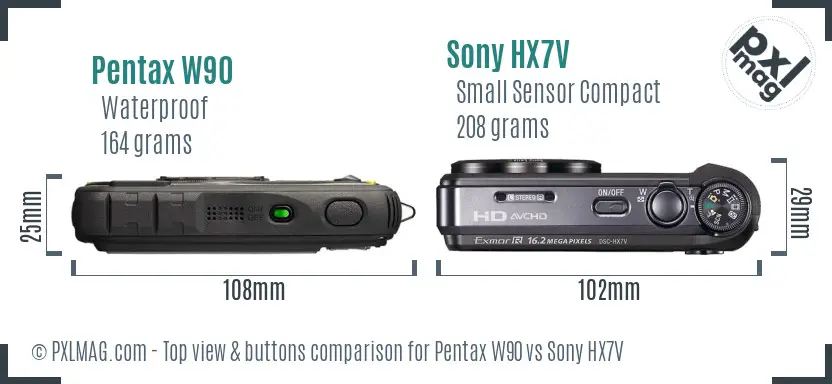 Pentax W90 vs Sony HX7V top view buttons comparison
