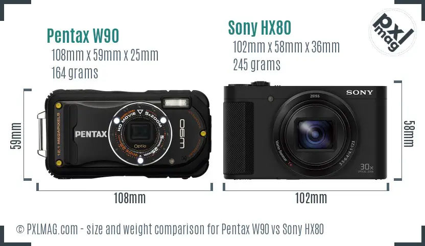 Pentax W90 vs Sony HX80 size comparison