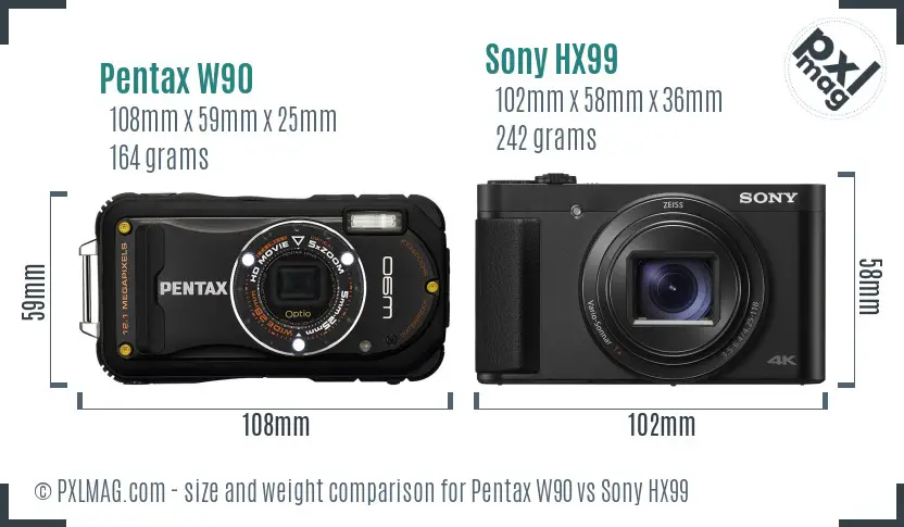 Pentax W90 vs Sony HX99 size comparison