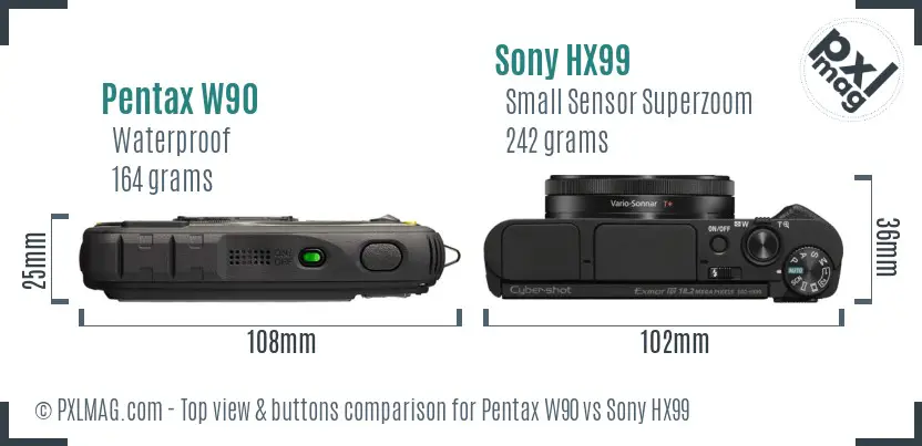 Pentax W90 vs Sony HX99 top view buttons comparison
